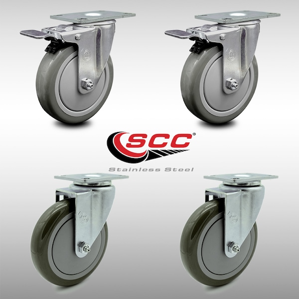 5 Inch SS Gray Polyurethane Top Plate Caster Total Lock Brakes SCC, 2PK
